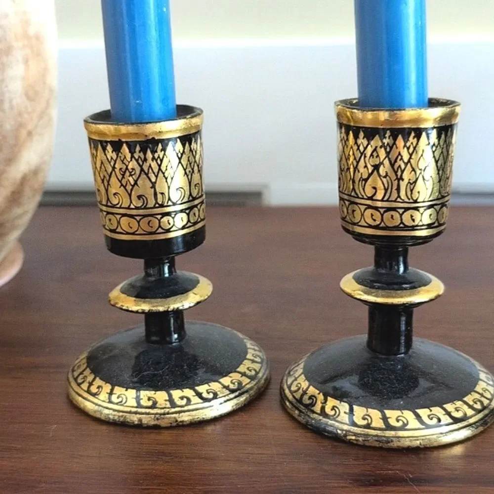 Elegant Black & Gold Hand Painted Khokhloma Russian Folk Art Candle Holders
